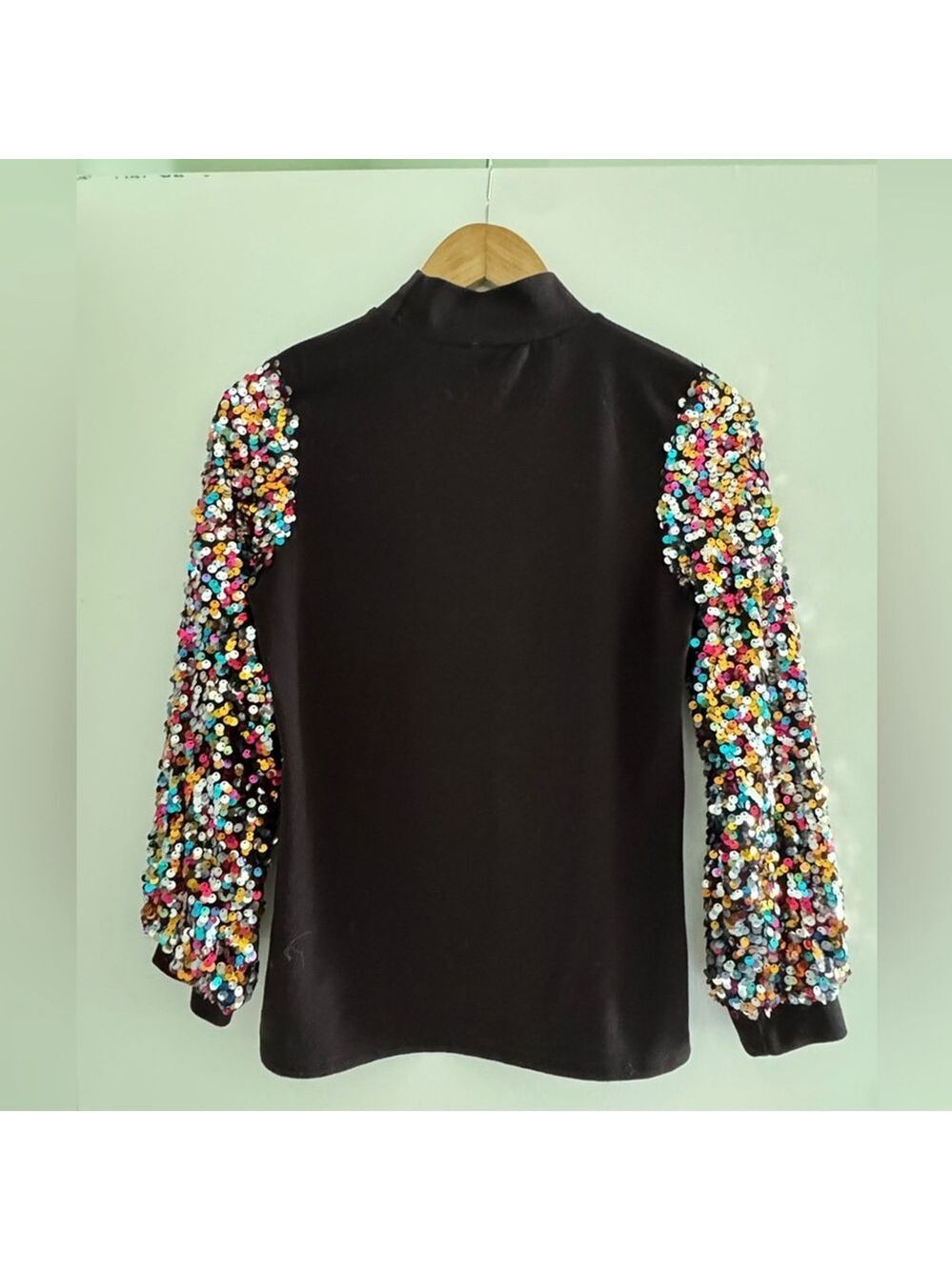 Maximalist Sequin Sleeve Mock Neck Top Statement Party Retro Glam - Picture 8 of 10